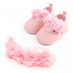 Σετ βρεφικά παπουτσάκια αγκαλιάς και κορδέλα, με λουλουδάκια, ροζ